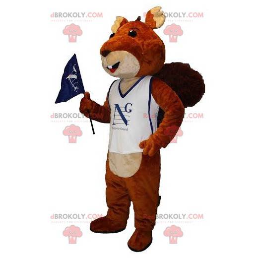 Mascotte de castor marron et beige avec un maillot de supporter