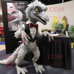 Silver Deinonychus mascot costume character dressed with a Skirt and Ties