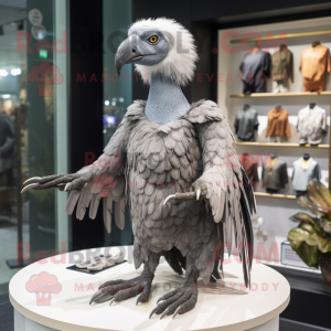 Gray Vulture mascot costume character dressed with a Mini Dress and Brooches