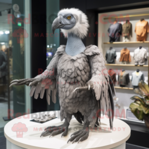 Gray Vulture mascot costume character dressed with a Mini Dress and Brooches