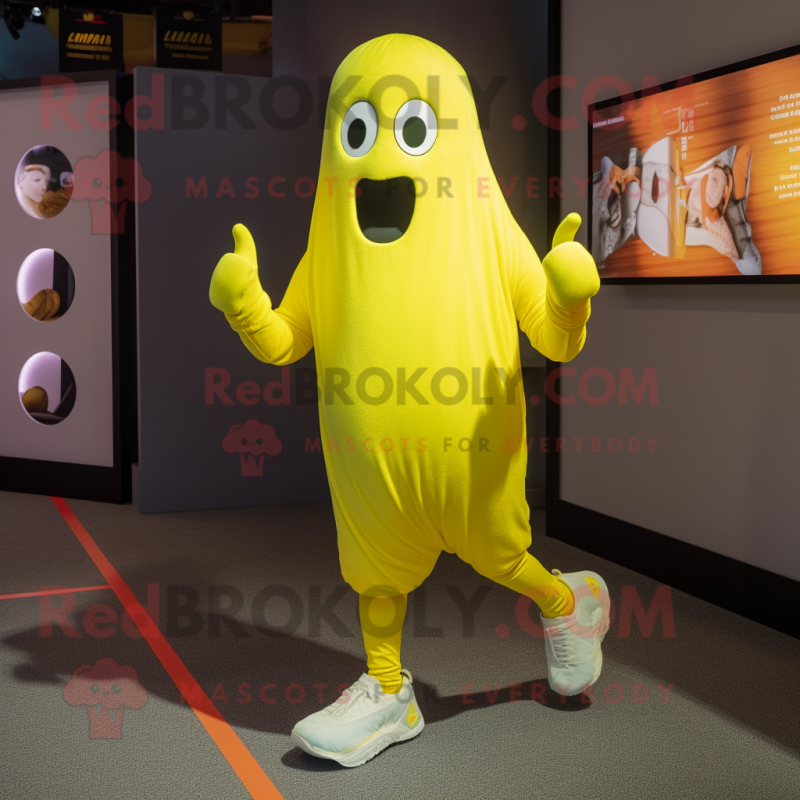 Lemon Yellow Ghost mascot costume character dressed with a Running Shorts and Beanies