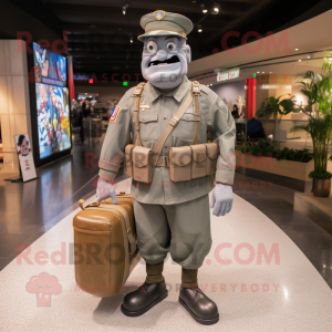 Gray American Soldier mascot costume character dressed with a Poplin Shirt and Handbags