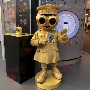 Gold Special Air Service mascot costume character dressed with a A-Line Skirt and Smartwatches