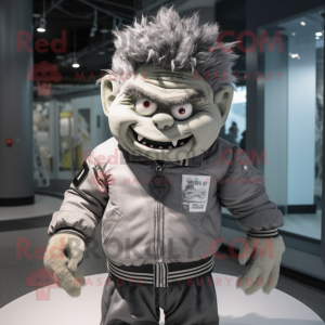 Gray Frankenstein mascot costume character dressed with a Bomber Jacket and Headbands