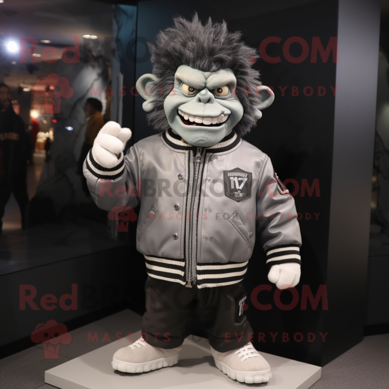 Gray Frankenstein mascot costume character dressed with a Bomber Jacket and Headbands