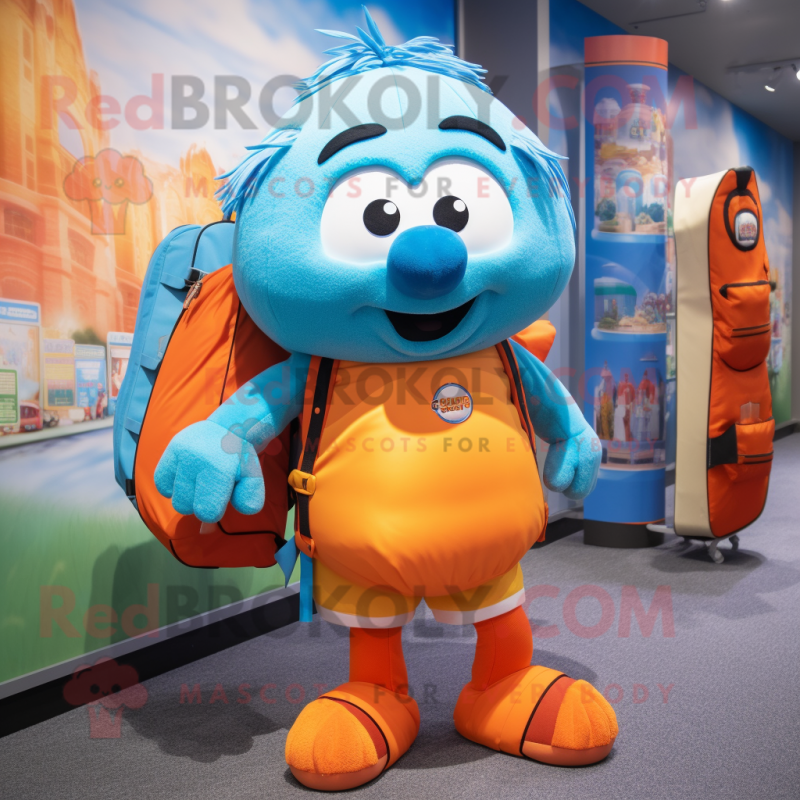 Sky Blue Orange mascot costume character dressed with a Maxi Skirt and Backpacks Sky Blue Orange mascot costume character dressed with a Maxi Skirt and Backpacks