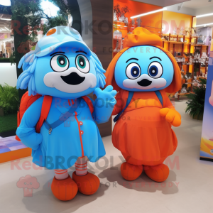 Sky Blue Orange mascot costume character dressed with a Maxi Skirt and Backpacks