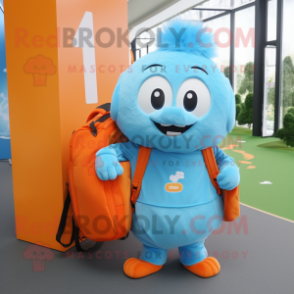 Sky Blue Orange mascot costume character dressed with a Maxi Skirt and Backpacks