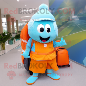 Sky Blue Orange mascot costume character dressed with a Maxi Skirt and Backpacks