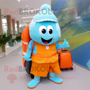 Sky Blue Orange mascot costume character dressed with a Maxi Skirt and Backpacks