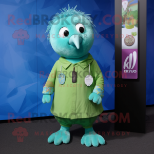 Cyan Kiwi mascot costume character dressed with a Dress Shirt and Keychains