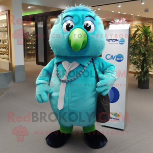 Cyan Kiwi mascot costume character dressed with a Dress Shirt and Keychains