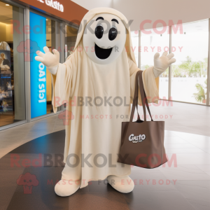 Beige Ghost mascot costume character dressed with a V-Neck Tee and Tote bags