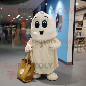 Beige Ghost mascot costume character dressed with a V-Neck Tee and Tote bags