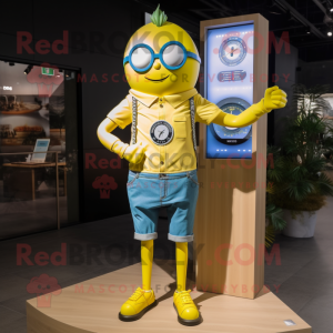 Lemon Yellow Chief mascot costume character dressed with a Denim Shorts and Digital watches