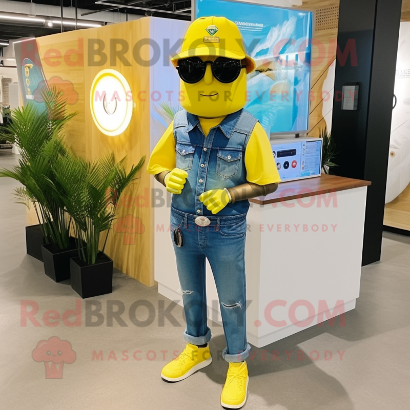 Lemon Yellow Chief mascot costume character dressed with a Denim Shorts and Digital watches Lemon Yellow Chief mascot costume character dressed with a Denim Shorts and Digital watches