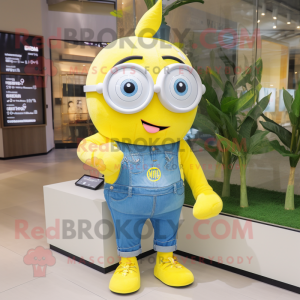 Lemon Yellow Chief mascot costume character dressed with a Denim Shorts and Digital watches