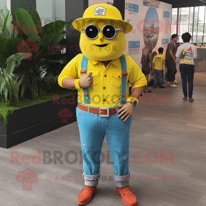 Lemon Yellow Chief mascot costume character dressed with a Denim Shorts and Digital watches