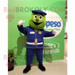 Navy Pesto Pasta mascot costume character dressed with a Windbreaker and Bracelet watches