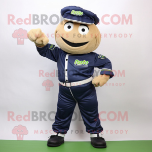 Navy Pesto Pasta mascot costume character dressed with a Windbreaker and Bracelet watches