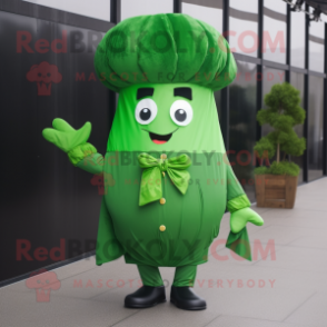 Forest Green Turnip mascot costume character dressed with a Raincoat and Bow ties
