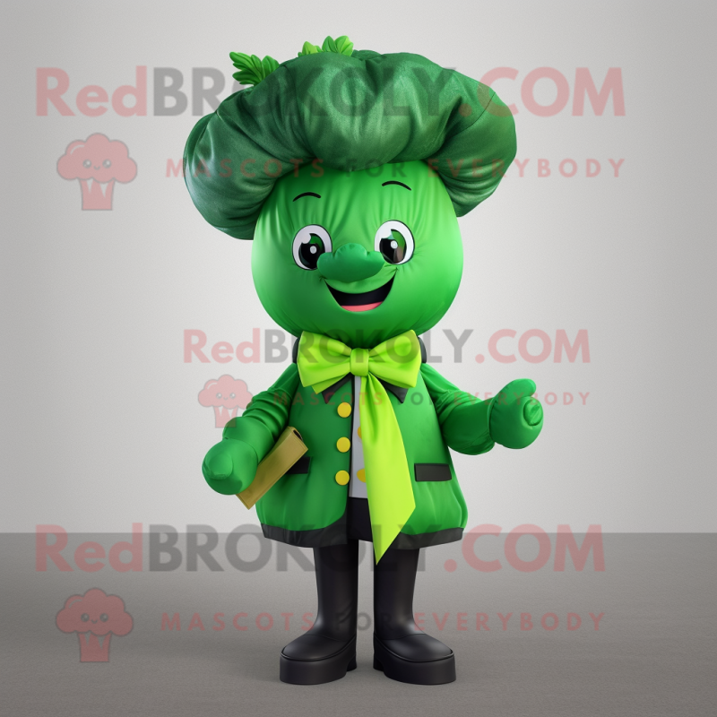 Forest Green Turnip mascot costume character dressed with a Raincoat and Bow ties