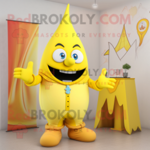 Yellow Magician mascot costume character dressed with a Capri Pants and Ties