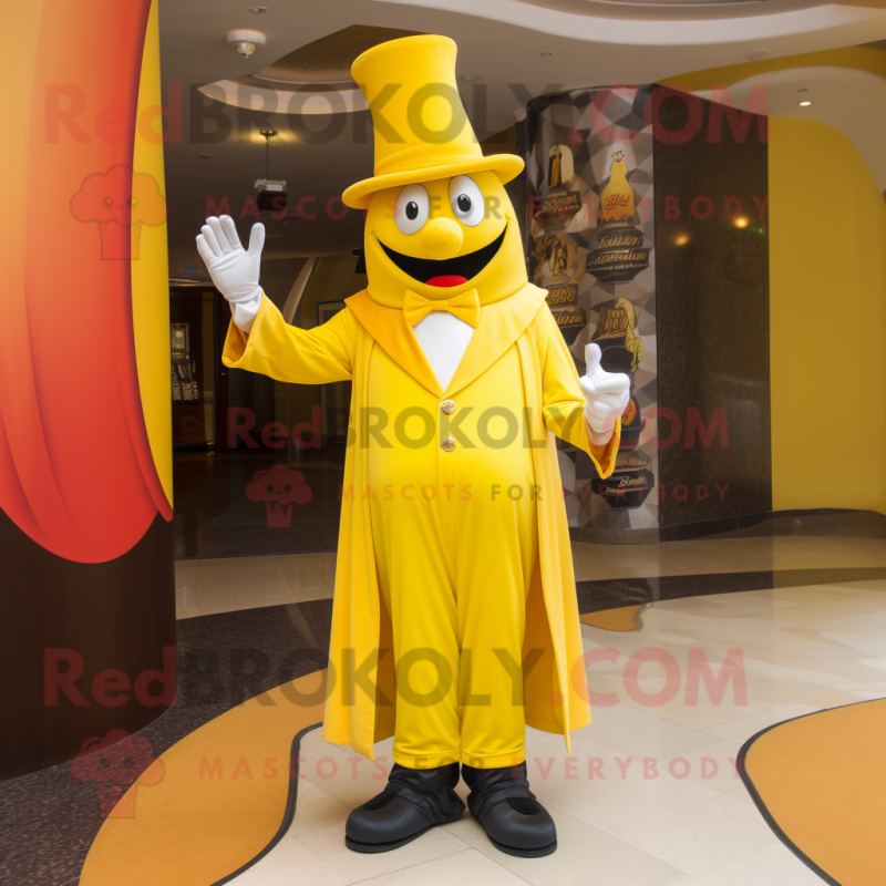 Yellow Magician mascot costume character dressed with a Capri Pants and Ties