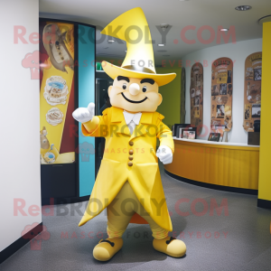 Yellow Magician mascot costume character dressed with a Capri Pants and Ties