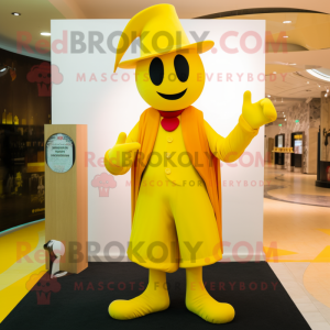 Yellow Magician mascot costume character dressed with a Capri Pants and Ties