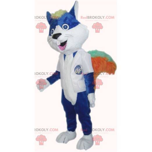 Blauwe knaagdierkat mascotte met grote tanden - Redbrokoly.com