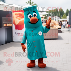 Teal Currywurst mascot costume character dressed with a T-Shirt and Cufflinks