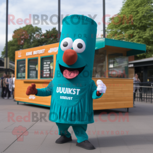 Teal Currywurst mascot costume character dressed with a T-Shirt and Cufflinks