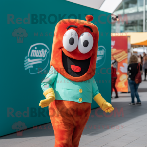 Teal Currywurst mascot costume character dressed with a T-Shirt and Cufflinks