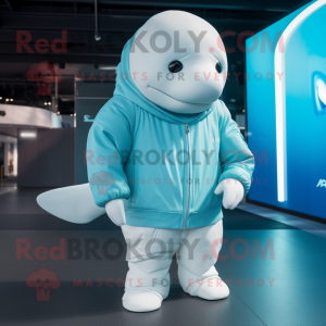 Cyan Beluga Whale mascot costume character dressed with a Bomber Jacket and Gloves