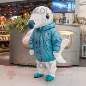 Cyan Beluga Whale mascot costume character dressed with a Bomber Jacket and Gloves