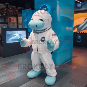 Cyan Beluga Whale mascot costume character dressed with a Bomber Jacket and Gloves