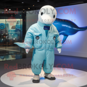 Cyan Beluga Whale mascot costume character dressed with a Bomber Jacket and Gloves