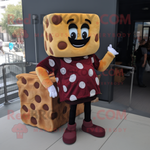 Maroon Grilled Cheese Sandwich mascot costume character dressed with a Flannel Shirt and Foot pads