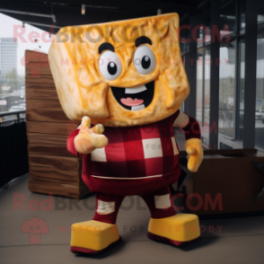 Maroon Grilled Cheese Sandwich mascot costume character dressed with a Flannel Shirt and Foot pads