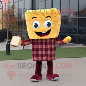 Maroon Grilled Cheese Sandwich mascot costume character dressed with a Flannel Shirt and Foot pads