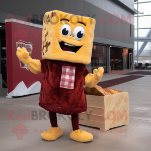 Maroon Grilled Cheese Sandwich mascot costume character dressed with a Flannel Shirt and Foot pads
