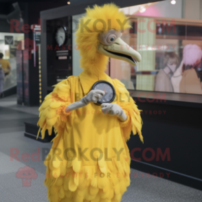 Yellow Ostrich mascot costume character dressed with a A-Line Skirt and Digital watches