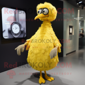 Yellow Ostrich mascot costume character dressed with a A-Line Skirt and Digital watches