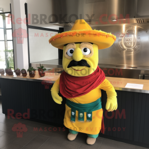 Yellow Fajitas mascot costume character dressed with a Polo Tee and Cummerbunds