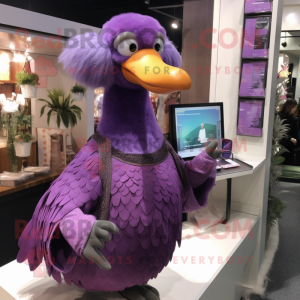 Purple Dodo Bird mascot costume character dressed with a Midi Dress and Scarves