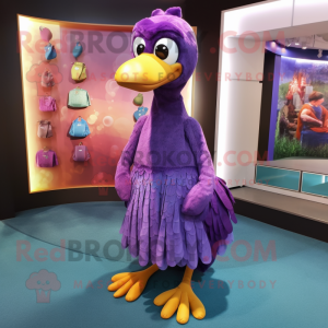 Purple Dodo Bird mascot costume character dressed with a Midi Dress and Scarves