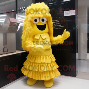 Yellow Soldier mascot costume character dressed with a Pleated Skirt and Hair clips