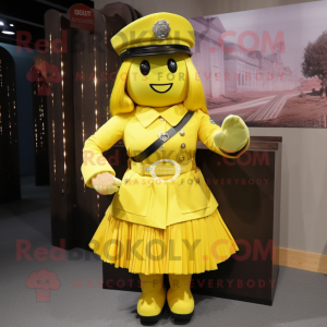 Yellow Soldier mascot costume character dressed with a Pleated Skirt and Hair clips