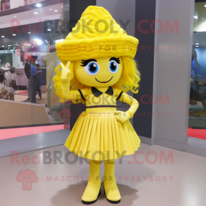 Yellow Soldier mascot costume character dressed with a Pleated Skirt and Hair clips